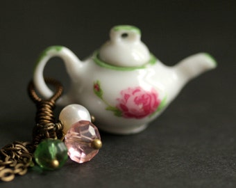 Porcelain Teapot Necklace with Pink Flowers and Green. Bronze Necklace. Tea Pot Necklace with Crystal and Pearl Charms. Handmade Jewelry.