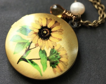 Sun Flower Necklace. Sunflower Locket Necklace. Sunflower Necklace. Bronze Necklace with Honey Hued Teardrop and Pearl. Handmade Jewelry.