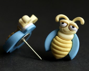 Bug Earrings. Blue and Yellow Bug Button Earrings. Bug Jewelry. Stud Earrings. Yellow Earrings. Post Earrings. Blue Earrings.