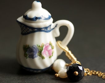 Teapot Necklace. Blue Tea Pot Necklace. Porcelain Necklace. Victorian Jewelry. Crystal Charm Necklace. Blue Necklace. Handmade Jewelry.