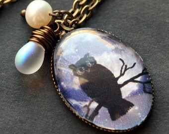 Hoot Owl Necklace. Owl Pendant with Frosted Glass Teardrop and Fresh Water Pearl. Oval Charm Necklace. Owl Jewelry. Handmade Jewellery.