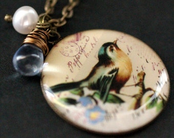 Bird Necklace. Song Bird Pendant Necklace with Pale Blue Glass Teardrop and Pearl. Song Bird Necklace. Bird Jewelry. Handmade Jewelry.