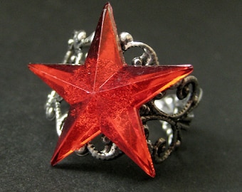 Star Ring. Red Ring. Red Star Ring. Silver Filigree Ring. Adjustable Ring. Handmade Ring. Handmade Jewelry.