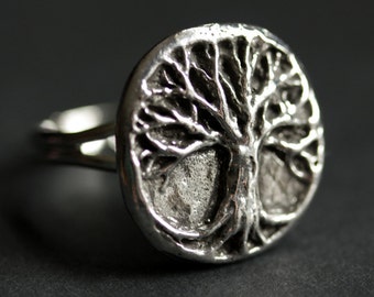 Lebensbaum Ring. Holz Ring. Zinn Ring. Verstellbarer Ring. Silber RIng. Handgemachte Ring. Zinn Ring. Handmade Schmuck.