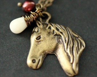 Horse Necklace. Horse Charm Necklace with Brown Fresh Water Pearl and Coral Teardrop. Brown Necklace. Horse Head Necklace. Bronze Necklace.