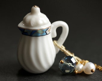 Porcelain Teapot Necklace. Geometric Tea Pot Necklace with Blue Crystal and Pearl Charms. Blue Necklace. Gold Necklace. Handmade Jewelry.