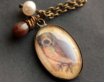 Brown Owl Necklace. Owl Pendant with Brown Teardrop and Fresh Water Pearl. Oval Charm Necklace. Owl Jewelry. Handmade Jewellery.