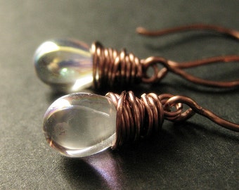 Copper Earrings. Glass Teardrop Earrings in Copper. Dangle Earrings. Drop Earrings. Wire Wrapped Earrings. Elixir Earrings. Handmade Jewelry