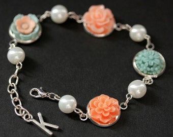 Peach and Blue Flower Bracelet with Personalized Charm. Blue and Peach Flower Bracelet. Silver Flower and Pearl Bracelet. Handmade Bracelet.