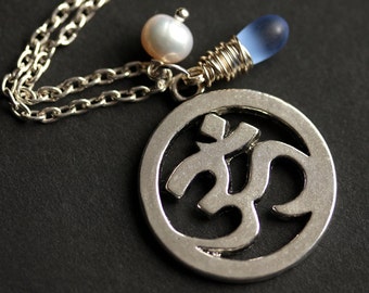 Silver Om Necklace. Yoga Pendant Charm Necklace with Teardrop and Pearl. Yoga Jewelry. Zen Meditation Jewelry. Om Pendant. Handmade Jewelry.