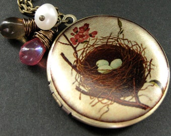 Birds Nest Locket. Nest Charm Necklace with Pink and Brown Teardrops and Fresh Water Pearl. Handmade Jewelry.