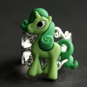 Green Pony Ring. Unicorn Ring. Green Horse Ring. Green Ring. Adjustable Ring. Handmade Ring. Button Ring. Silver Ring. Handmade Jewelry.