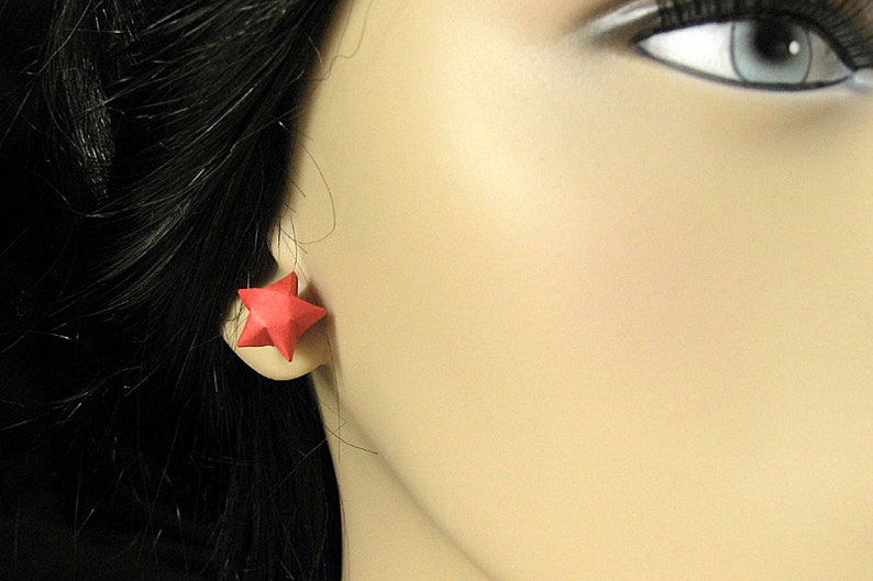 Star Earrings. Red Star Earrings. Origami Star Earrings. Paper Star Earrings. Silver Post Earrings. Stud Earrings. Oragami Jewelry. image 4