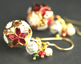 Christmas Bell Earrings. Red Earrings. Gold Bell Earrings. Christmas Earrings. Gold Earrings. Holiday Earrings. Chistmas Jewelry.