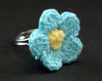 Aqua Blue Crochet Flower Ring. Turquoise Flower Ring. Knit Flower Ring. Silver Adjustable Ring. Handmade Jewelry.