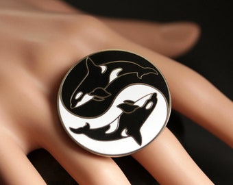 Orca Ring. Yin Yang Ring. Killer Whale Ring. Enamel Ring. Cloisonne Ring. Adjustable Ring. Black and White Ring.