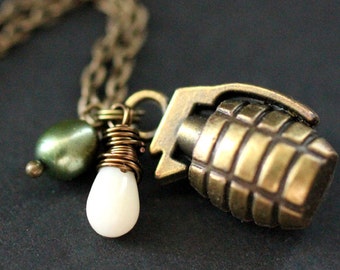 Military Charm Necklace. Hand Grenade Necklace with Coral Teardrop and Army Green Fresh Water Pearl. Combat Necklace. Handmade Jewelry.