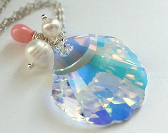 Seashell Crystal Necklace. Swarovski Elements Necklace with Pink Coral Teardrop and Pearls. Handmade Jewellery.