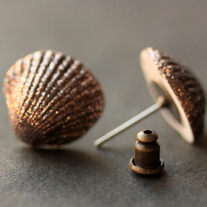 Metallic Seashell Earrings. Clam Shell Earrings. Bronze Post Earrings. Beach Earrings. Sea Shell Earrings. Stud Earrings. Handmade Jewelry. image 4