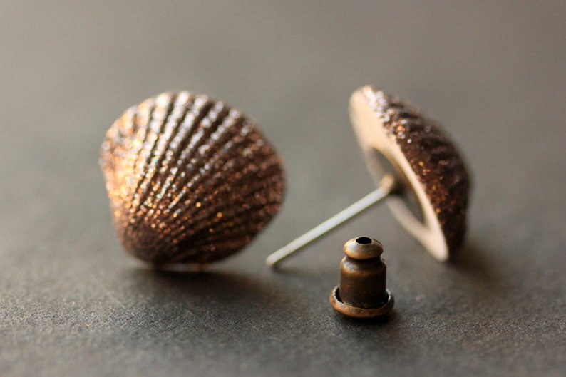 Metallic Seashell Earrings. Clam Shell Earrings. Bronze Post Earrings. Beach Earrings. Sea Shell Earrings. Stud Earrings. Handmade Jewelry. image 4