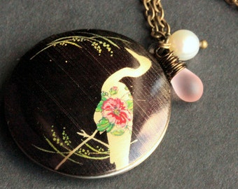 Bird Locket Necklace. Crane Necklace with Pink Teardrop and Fresh Water Pearl. Heron Necklace. Handmade Jewelry.