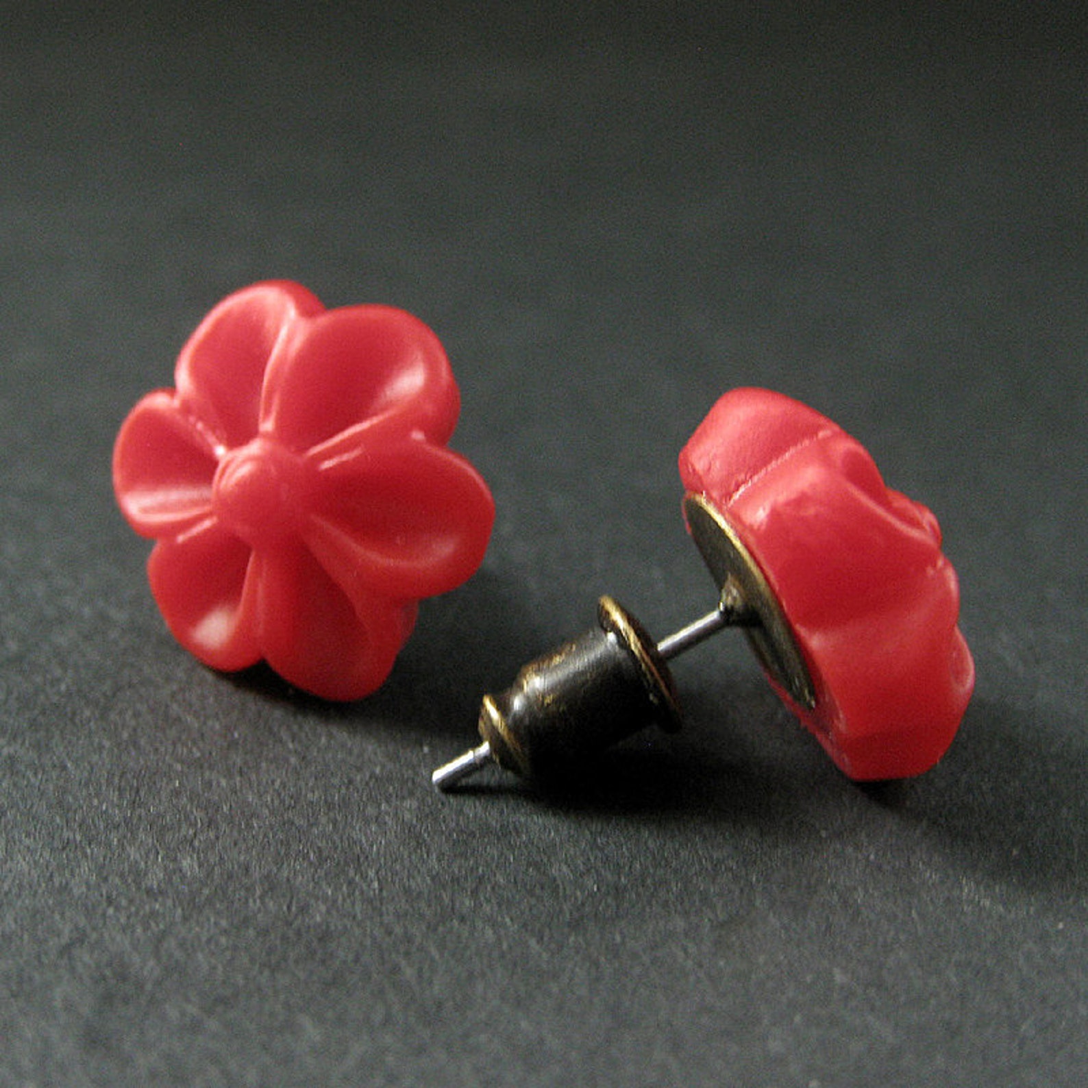 Red Flower Earrings With Bronze Earring Studs. Outie Button Etsy