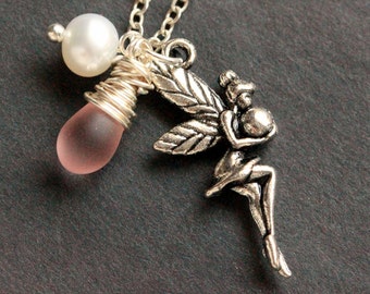 Silver Fairy Charm Necklace. Silver Faery Necklace with Glass Teardrop and Fresh Water Pearl. Handmade Jewelry.