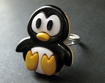 Penguin Ring. Bird Ring. Black and White Ring. Cartoon Penguin Ring. Kawaii Ring. Silver Ring. Adjustable Ring. Handmade Jewelry.