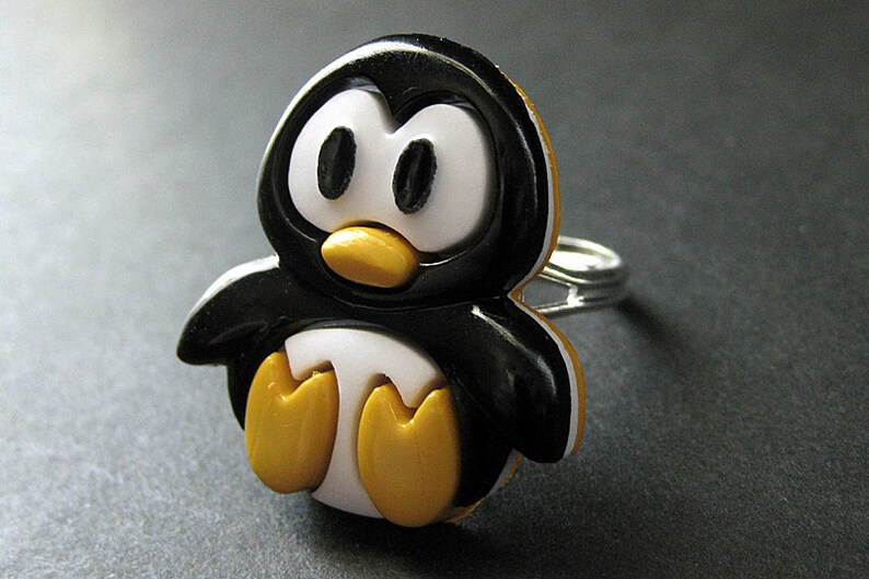 Penguin Ring. Bird Ring. Black and White Ring. Cartoon Penguin Ring. Kawaii Ring. Silver Ring. Adjustable Ring. Handmade Jewelry. image 1