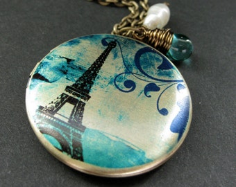 Teal Paris Locket Necklace. Eiffel Tower Necklace. Paris Necklace with Teal Teardrop and Pearl. Eiffel Tower Locket. Handmade Jewelry.