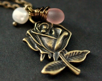 Romantic Rose Necklace in Bronze. Pink Rose Charm Necklace with Frosted Teardrop and Pearl. Handmade Necklace.