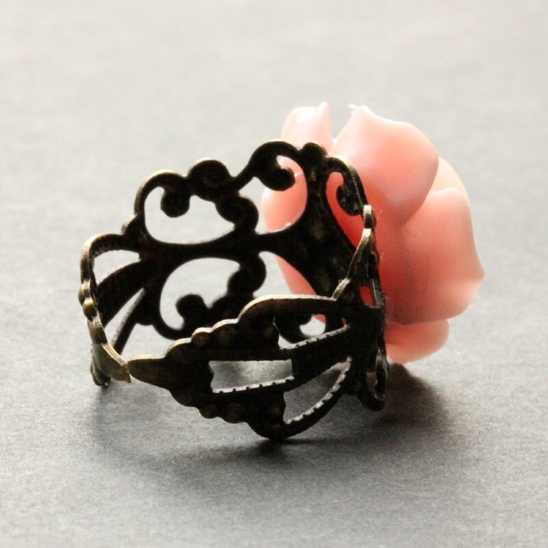 Peachy Pink Rose Ring. Peach Pink Flower Ring. Filigree Ring ...