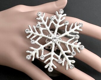 Massive Snowflake Statement Ring. Christmas Ring. Enamel and Rhinestone Snowflake Ring. Silver Plated Adjustable Ring. Christmas Jewelry.