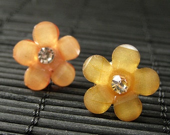 Orange Flower Earrings. Daisy Flower Earrings with Rhinestones on Silver Post Earrings. Handmade Jewelry.