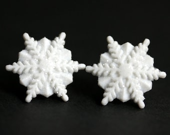 Snowflake Earrings No.8 - White Snow Earrings with Silver Stud Earring Backs. Winter Earrings. Handmade Jewelry.