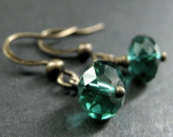 Teal Crystal Earrings. Dangle Earrings in Teal Green Glass. Handmade Jewelry.