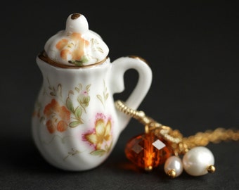 Tropical Flower Teapot Necklace. Porcelain Tea Pot Necklace. Orange Crystal and Pearl Charm Necklace. Orange Necklace. Handmade Jewelry.