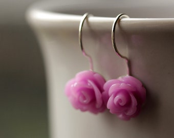 Lilac Purple Rose Earrings. Dangle Earrings. Lilac Purple Earrings. Flower Earrings with Silver Hooks. Flower Jewelry. Handmade Jewelry.