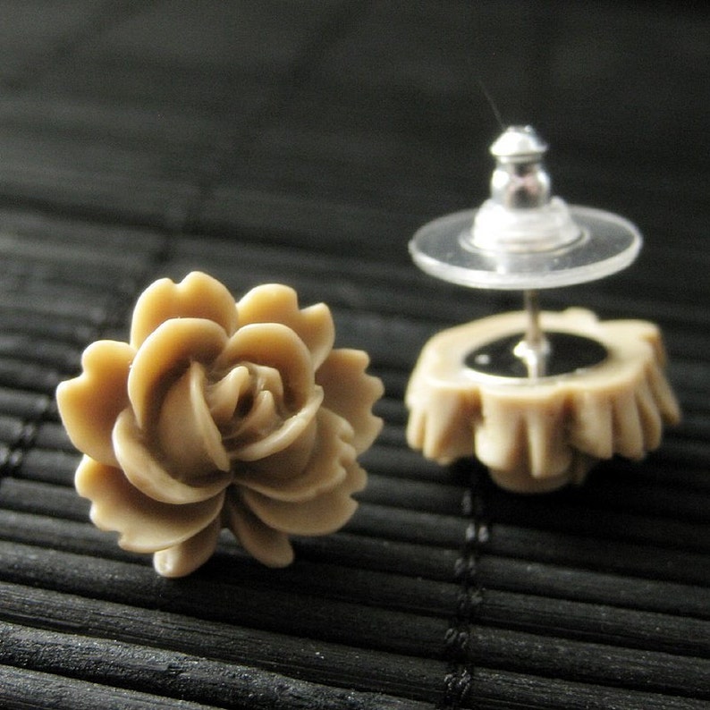 Taupe Lotus Rose Earrings with Silver Stud Earrings. Flower Jewelry by StumblingOnSainthood. Handmade Jewelry. image 4