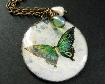 Butterfly Necklace. Green Butterfly Necklace with Green Glass Teardrop and Pearl. Handmade Jewellery.