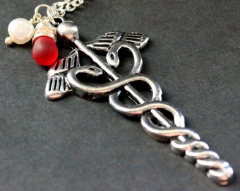 Caduceus Necklace. Medical Symbol Neckace. Charm Necklace. Teardrop Necklace. (CHOOSE YOUR COLOR) Handmade Jewelry.