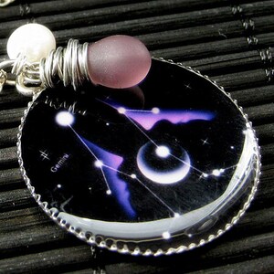 Gemini Zodiac Necklace. Sun Sign Charm Necklace in Purple. Handmade Jewelry.