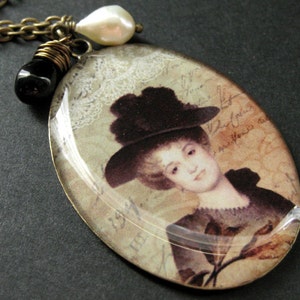 Vintage Lady Charm Necklace with Wire Wrapped Black Teardrop and Fresh Water Pearl. Handmade Jewelry. image 1