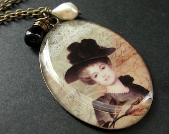 Vintage Lady Charm Necklace with Wire Wrapped Black Teardrop and Fresh Water Pearl. Handmade Jewelry.