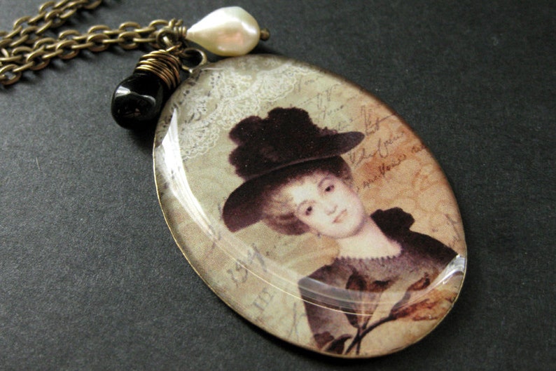 Vintage Lady Charm Necklace with Wire Wrapped Black Teardrop and Fresh Water Pearl. Handmade Jewelry. image 1