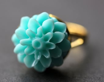 Aqua Mum Flower Ring. Aqua Chrysanthemum Ring. Aqua Flower Ring. Adjustable Ring. Handmade Flower Jewelry.