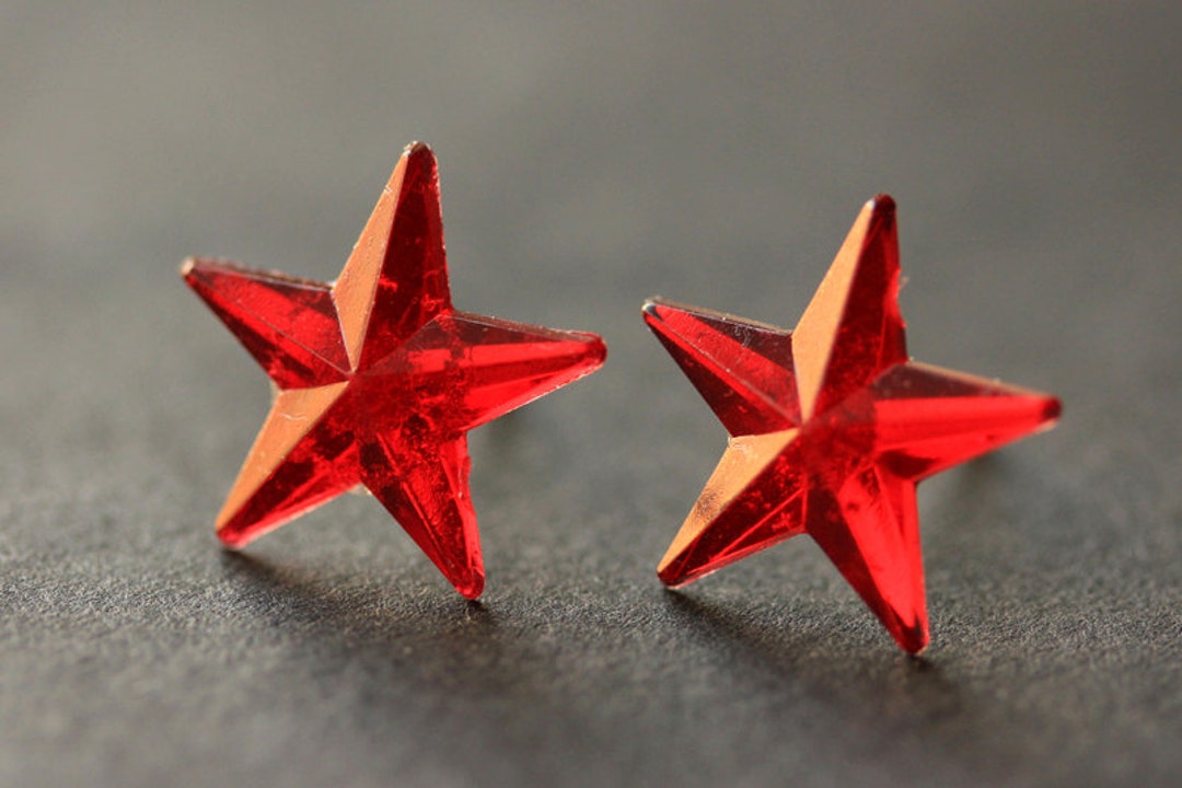 Red Star Earrings. Red Earrings. Silver Stud Earrings. Star Earrings