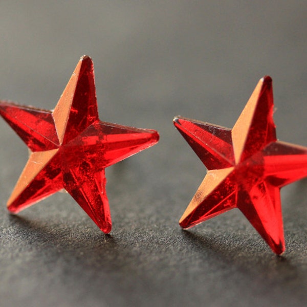 Red Star Earrings. Red Earrings. Silver Stud Earrings. Star Earrings. Post Earrings. Handmade Earrings. Handmade Jewelry.