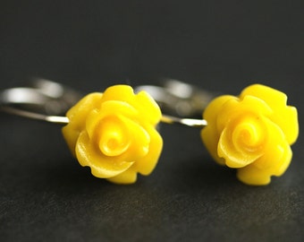 Yellow Rose Dangle Earrings. Rose Earrings. Yellow Earrings. Silver Lever Back Flower Earrings. Flower Jewelry. Handmade Jewelry.