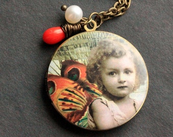 Orange Butterfly Girl Necklace. Winged Girl Locket Necklace with Orange Coral Teardrop and Fresh Water Pearl. Handmade Jewelry.
